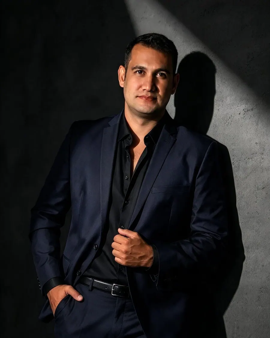 Hermeson Pires de terno azul-marinho e camisa preta, encostado numa parede de concreto